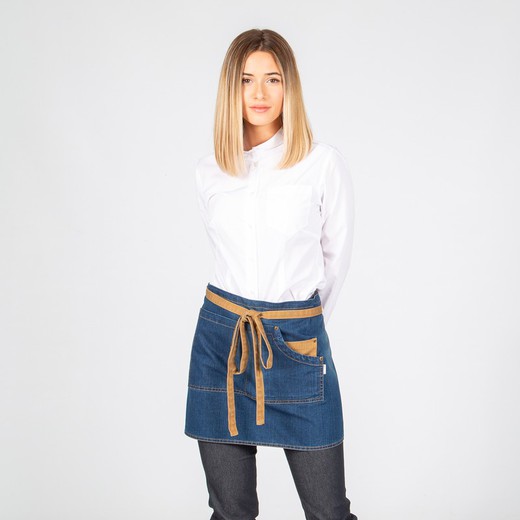 Indigo denim washed combi mustard short apron 40x69 cm "redline"