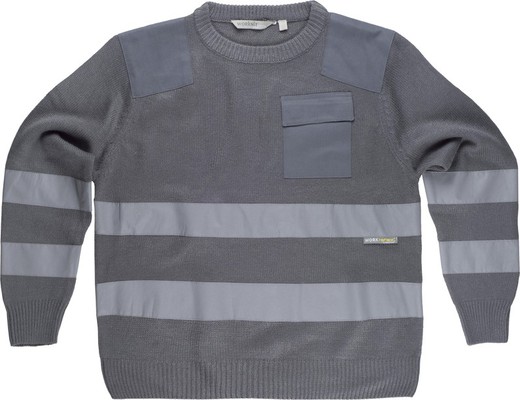 Round neck sweater with pocket and 2 reflective tapes Gray