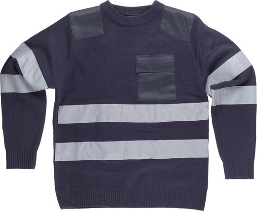 Round neck sweater with pocket and 2 reflective tapes Navy