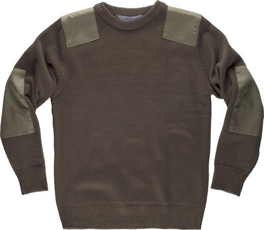 Crew neck sweater with shoulder and elbow reinforcements Khaki Green