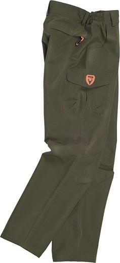 Pants with 2 side bags, 2 back bags and a bag in hunting green leg.