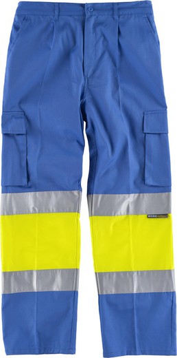 Hose mit 2 gut sichtbaren und reflektierenden Bändern, Verstärkungen und mehreren Taschen EN471 Hellblau Gelb AV