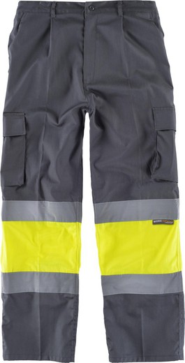 Pantalon avec 2 bandes haute visibilité et réfléchissantes, renforts et multi-poches EN471 Gris Jaune AV