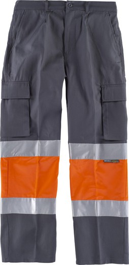 Calças com 2 fitas de alta visibilidade e refletivas, reforços e multi-bolsos EN471 Cinza Laranja AV