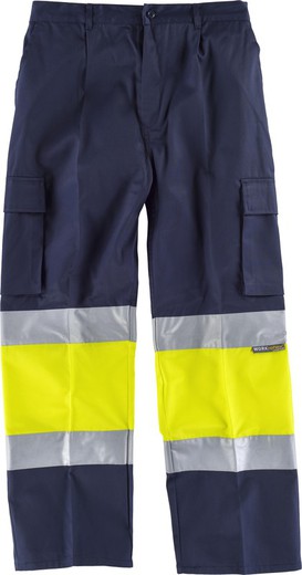 Trousers with 2 high visibility and reflective tapes, reinforcements and multi-pockets EN471 Navy Yellow AV