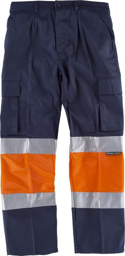 Trousers with 2 high visibility and reflective tapes, reinforcements and multi-pockets EN471 Navy Orange AV