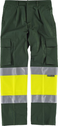 Trousers with 2 high visibility and reflective tapes, reinforcements and multi-pockets EN471 Dark Green Yellow AV