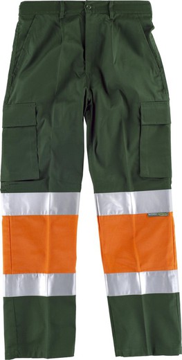 Trousers with 2 high visibility and reflective tapes, reinforcements and multi-pockets EN471 Dark Green Orange AV