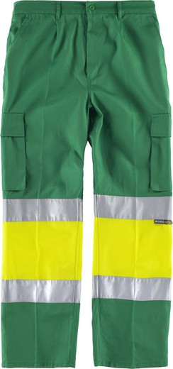 Calças com 2 fitas de alta visibilidade e refletivas, reforços e bolsos múltiplos EN471 Pistachio Verde Amarelo AV