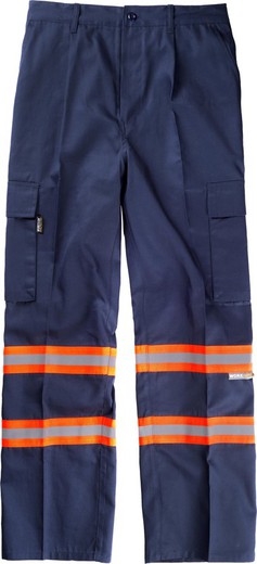 Pants with elastic waist, multi-pockets and two two-color reflective tapes Navy Orange AV