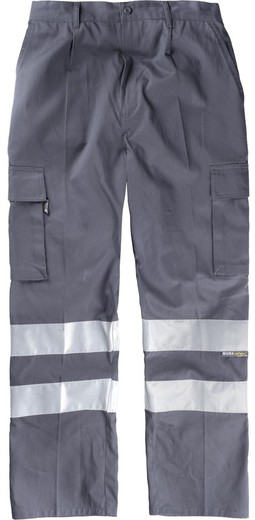 Cotton trousers with elastic waist, multipockets and 2 reflective tapes Gray