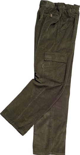 Pantaloni in velluto a coste con elastico in vita e multi tasche verde kaki