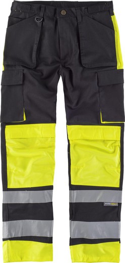 Pantalon multi-poches haute visibilité Bandes réfléchissantes différentes tailles Noir Jaune AV