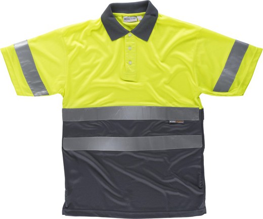 Short-sleeved high-visibility combined polo shirt Reflective ribbons torso and sleeves EN ISO 20471: 2013 Yellow AV Gray