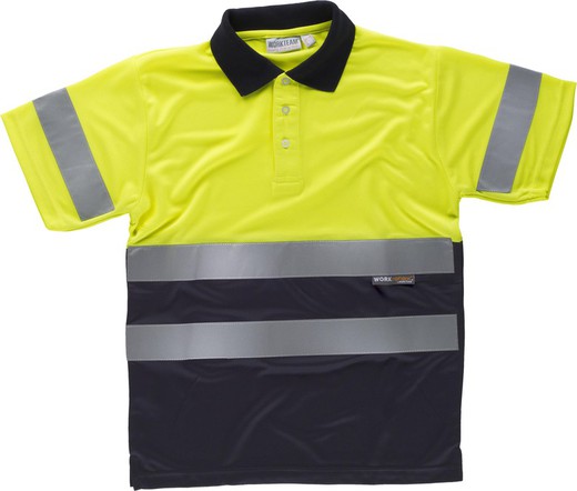 Kombiniertes kurzärmeliges Poloshirt mit hoher Sichtbarkeit. Oberkörper und Ärmel mit reflektierenden Bändern EN ISO 20471: 2013 Yellow AV Navy
