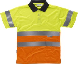 High visibility short-sleeved combination polo shirt Reflective ribbons torso and sleeves EN ISO 20471: 2013 Yellow AV Orange AV
