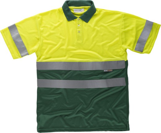 Short-sleeved high-visibility combined polo shirt Reflective ribbons torso and sleeves EN ISO 20471: 2013 AV Yellow Dark Green