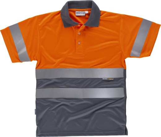 Combination high visibility short-sleeved polo shirt Reflective ribbons torso and sleeves EN ISO 20471: 2013 Orange AV Gray