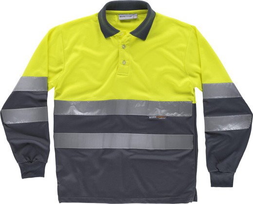 Combination high visibility long-sleeved polo shirt, reflective ribbons torso and sleeves EN ISO 20471: 2013 Yellow AV Gray