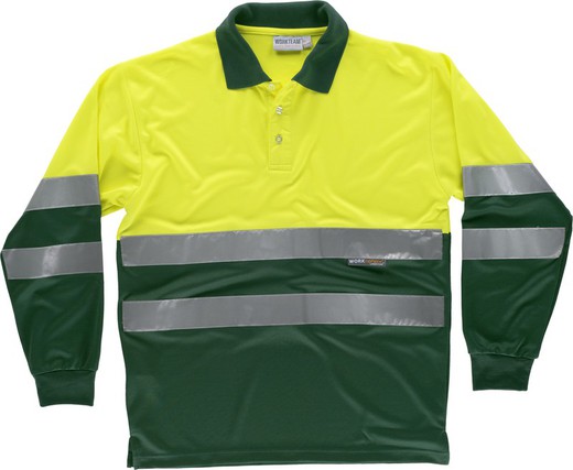 Combination high visibility long-sleeved polo shirt, reflective ribbons torso and sleeves EN ISO 20471: 2013 AV Yellow Dark Green