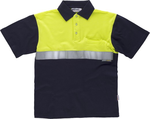 Camisa polo de mangas curtas com jugo combinado, uma bolsa no peito, uma fita refletora Navy Yellow AV