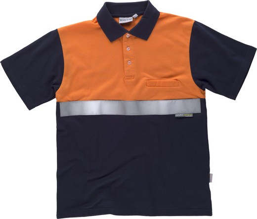 Camisa polo de mangas curtas com jugo combinado, uma bolsa no peito, uma fita refletiva Navy Orange AV