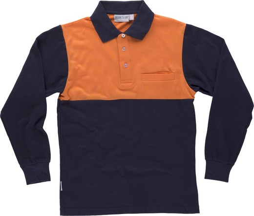 Camisa polo de mangas compridas com jugo combinado, uma bolsa no peito Navy Orange AV