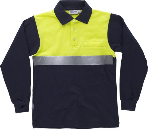 Langärmliges Poloshirt mit kombinierter Passe, Brusttasche Ein reflektierendes Klebeband Navy Yellow AV