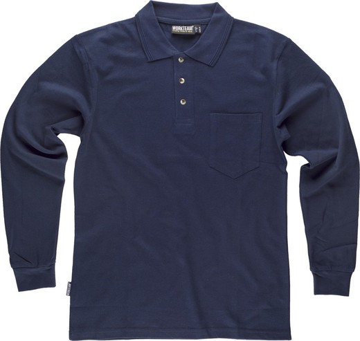 Langärmliges Poloshirt mit Brusttasche aus 100% dunkelblauer Baumwolle
