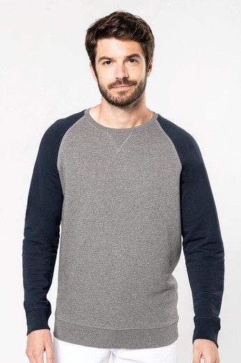 Bi-color organic cotton sweatshirt Round neck raglan sleeves for men