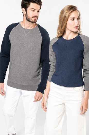 Bi-color organic cotton sweatshirt Round neck raglan sleeves for