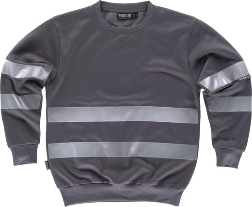 Round neck sweatshirt with reflective ribbons on torso and sleeves Gray