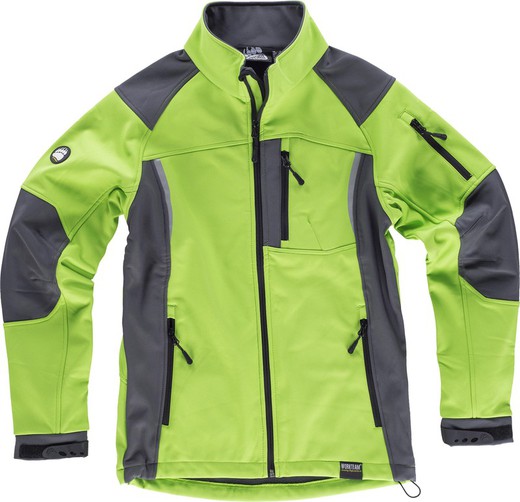 Workshell combined with reflective details, a chest pocket, sleeve and two sides. Lime Green Gray