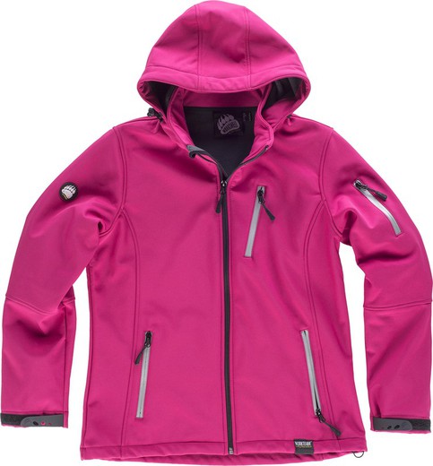 Women's Workshell with hood and reflective details, one chest pocket and sleeve Fuchsia Pink