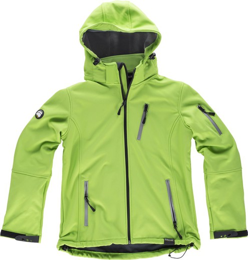 Women's Workshell with hood and reflective details, one chest pocket and Lime Green sleeve