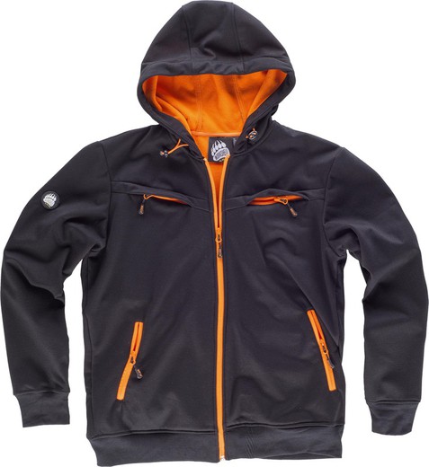 Workshell hoodie, chest and side pockets, fleece lining Black Orange AV