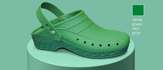 Anatomic, antistatic and anti-slip monocoque SBS polymer material clog. Green color