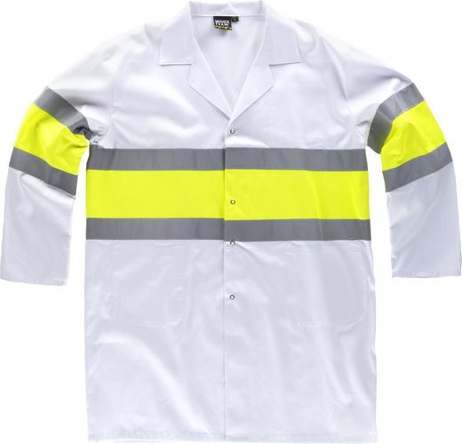 Dressing gown Clip closure Chest bag and 2 sides Combined high and visibility and reflective tapes White Yellow AV
