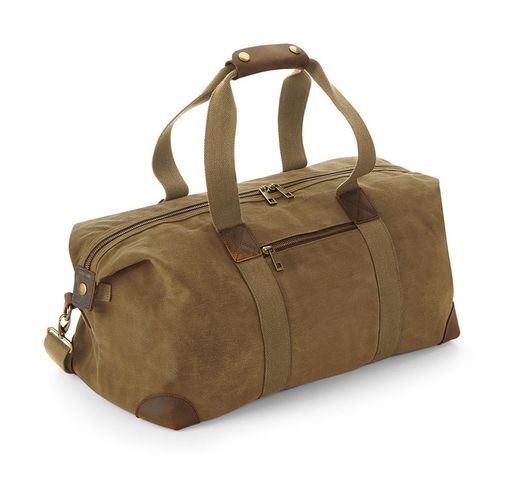 Bolsa de Viaje Heritage en Lona Encerada – 19 L, Cremallera y Bolsillo Frontal – Estilo Clásico Cuero y Latón