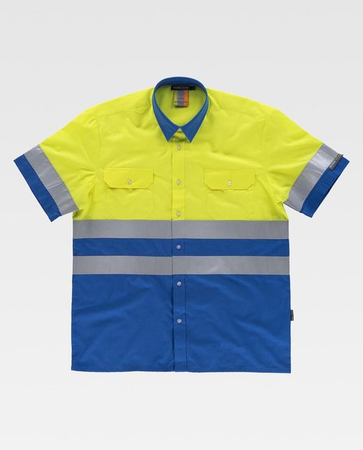 Camisa manga corta combinada con 2 bolsos de pecho Azulina / Amarillo
