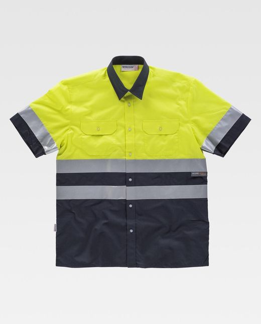 Camisa manga corta combinada con 2 bolsos de pecho Marino / Amarillo