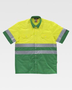 Chemise à manches courtes combinée avec 2 poches poitrine et bandes réfléchissantes Vert Jaune AV