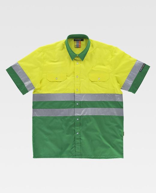 Chemise à manches courtes combinée avec 2 poches poitrine et bandes réfléchissantes Vert Jaune AV