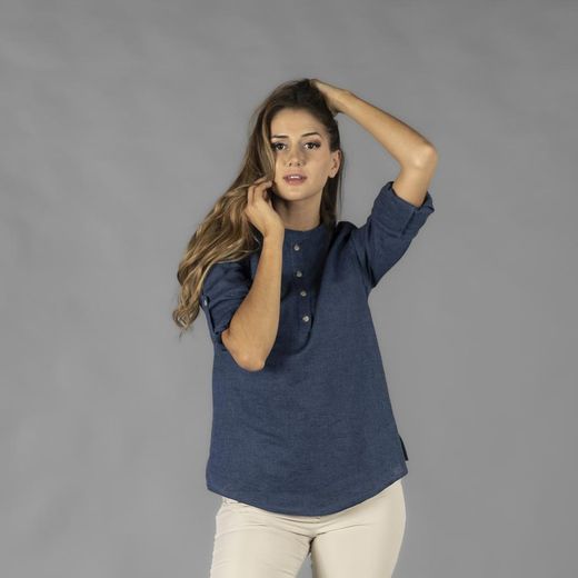 Camisa Mujer Lino/Cotton Cuello Mao Kaula