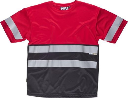 Gola em caixa, camiseta de manga curta, dois tons, 2 fitas refletivas no peito e nas costas e uma nas mangas.