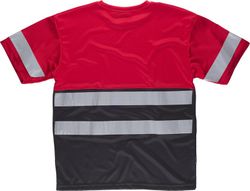 Kurzärmliges, zweifarbiges T-Shirt mit Box-Ausschnitt, 2 reflektierenden Bändern auf Brust und Rücken und eines an den Ärmeln. Rot Schwarz
