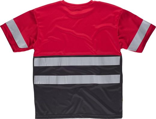 Kurzärmliges, zweifarbiges T-Shirt mit Box-Ausschnitt, 2 reflektierenden Bändern auf Brust und Rücken und eines an den Ärmeln. Rot Schwarz
