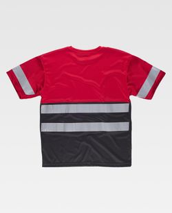 Kurzärmliges, zweifarbiges T-Shirt mit Box-Ausschnitt, 2 reflektierenden Bändern auf Brust und Rücken und eines an den Ärmeln. Rot Schwarz