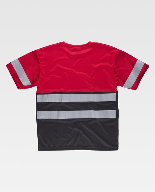 Kurzärmliges, zweifarbiges T-Shirt mit Box-Ausschnitt, 2 reflektierenden Bändern auf Brust und Rücken und eines an den Ärmeln. Rot Schwarz