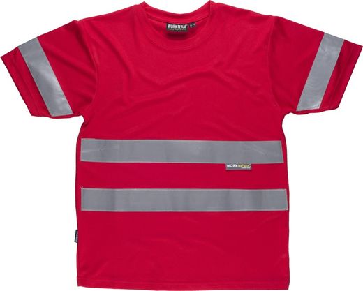 Box neck T-shirt, short sleeve, reflective tapes Red